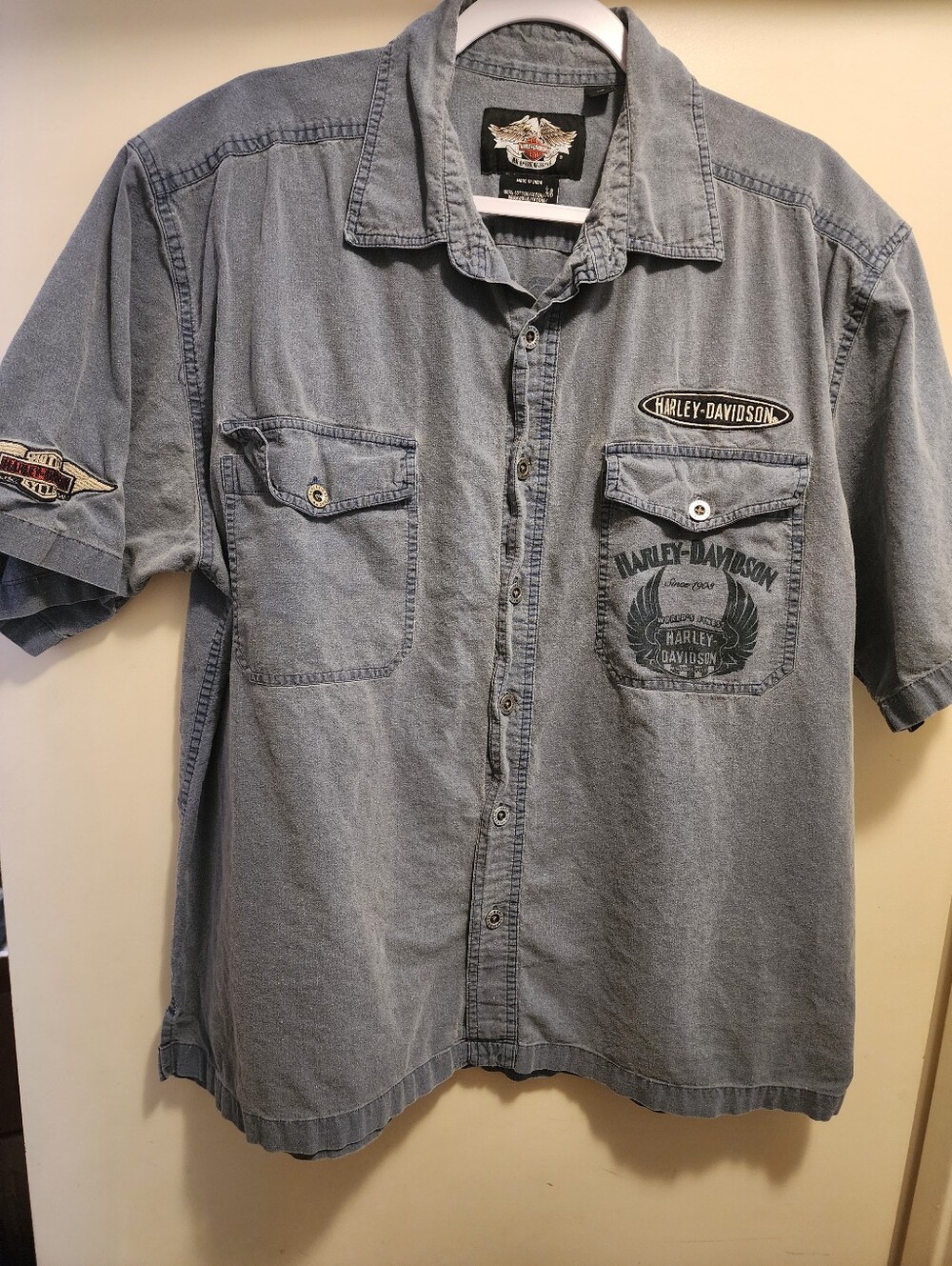 Harley-Davidson Men's Short-Sleeve Button Down Shirt in Faded Denim Blue